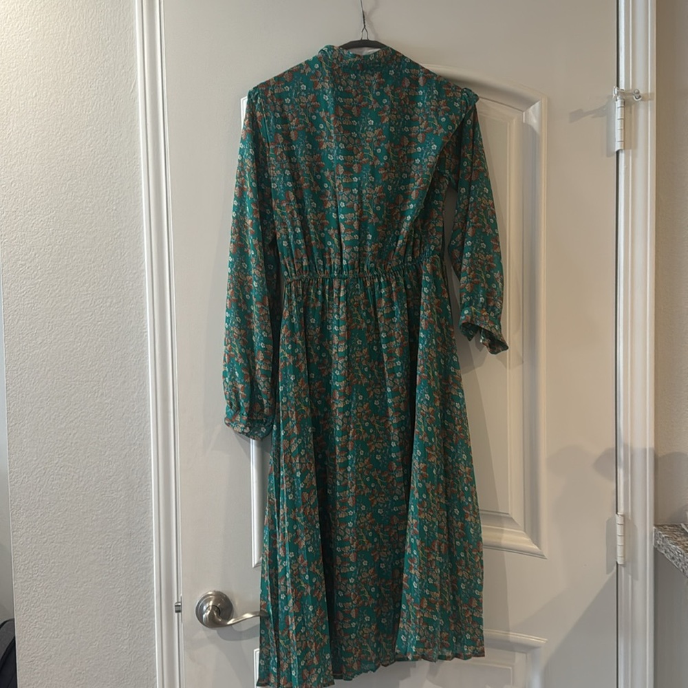 Haokeke Green Floral Long Sleeve Chiffon Pleated Midi Dress - M - Picture 12 of 16